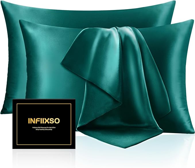 INFIIXSO Mulberry Silk Pillowcase for Hair and Skin, Silk Pillow Cases Queen Size Set of 2 with Hidden Zipper 20x30 Inches, Ultra Smooth and Soft Cooling Pillow Cases for Hot Sleepers(Teal, 2 Pack)