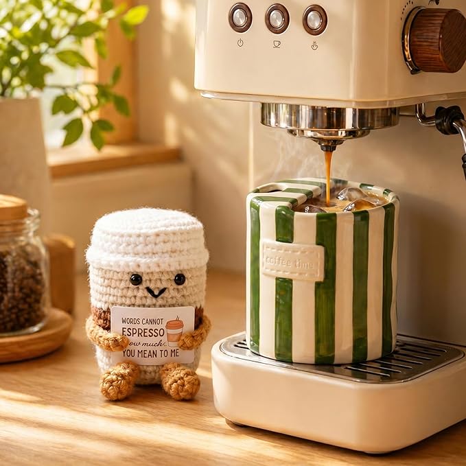 Coffee Lover Gift Set for Women Men, Ceramic Coffee Mug and Handmade Crochet Potato Partner Toy with Positive Card for Friends Teachers Staff Employees Volunteers Birthday Office Desk Decor