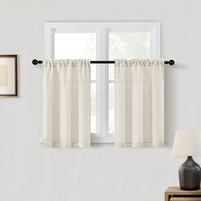 Natural Linen Curtains for Kitchen Window 30 Inches Long Farmhouse Dual Rod Pocket Semi Sheer Privacy Light Filtering Boho Cream Short Curtains 30 Inch Length for Small Window Cafe RV W25xL30