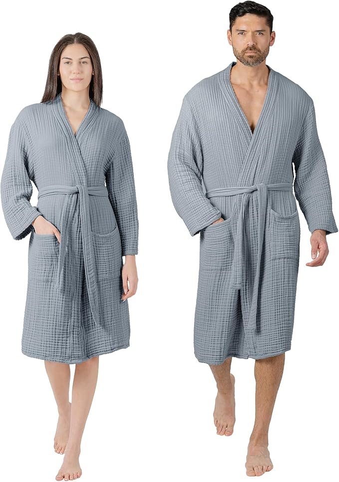 Comfy Cubs 100% Cotton Muslin Bathrobe - 4-Layer Absorbent Robe with Pockets & Belt for Bath, Spa, or Lounging