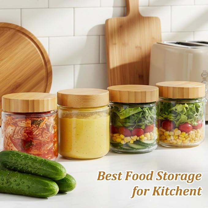 6 Pack 10oz Overnight Oats Containers with Bamboo Lids, Airtight Glass Jars for Meal Prep, Wide Mouth Mason Jars for Yogurt, Salad, Chia Pudding & Snacks, Food Storage Containers
