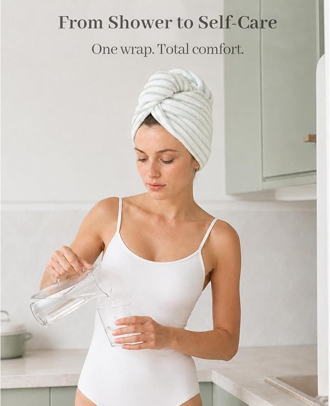 ROLSHOL Cotton Hair Towel Wrap for Women, 2 Pack 100% Cotton Hair Drying Towels for Long, Thick & Curly Hair, 32" x 11" Large Hair Turban for Wet Hair with Elastic Band (Light Green)