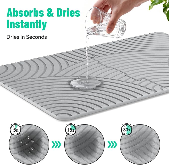 NiHome Large Stone Drying Mat for Kitchen Counter, 24"x16" Quick Dry Diatomaceous Earth Kitchen Mats - Fast Absorbent Non-Slip Dirt-Resistant Stone Dish Drying Mat for Dishes Bottles Cups Bathroom