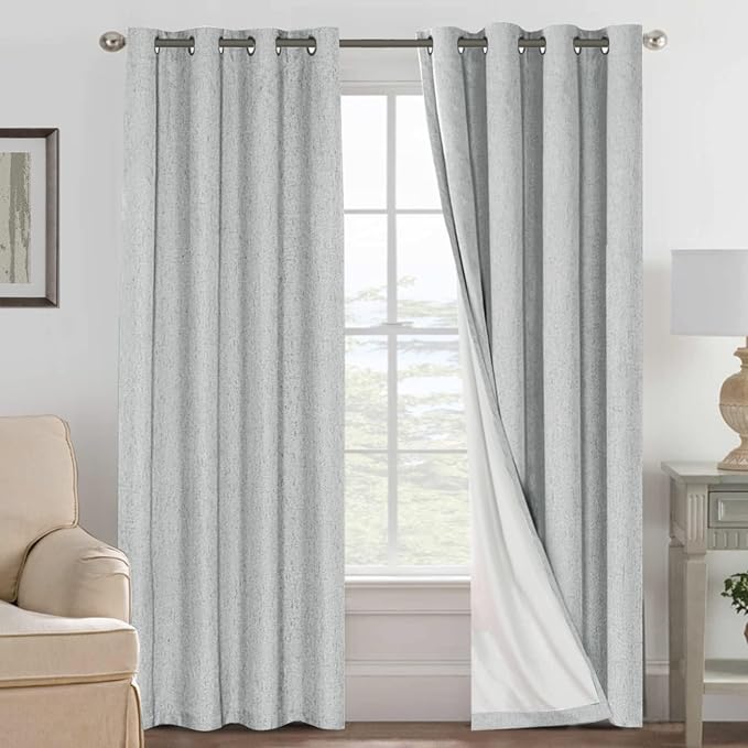 H.VERSAILTEX Blackout Curtains Linen Curtains 120 inches Long 100% Black Out Curtains for Bedroom Windows, Textured Linen Look Draperies Grommet with White Liner, 2 Panels, Glacier Gray