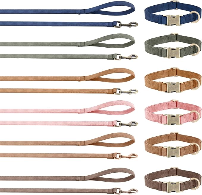 Genuine Leather Dog Collar - Adjustable Pet Collar with Quick Release Metal Buckle, Soft Skin Friendly Real Leather Collar for Small, Medium, Large Dogs (Pink Collar + Rope, M：Fit 12-20" Neck)