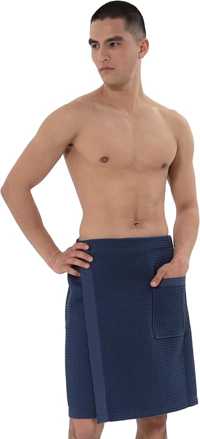 SEYANTE Men's Organic Waffle Spa Wrap – GOTS Certified 100% Turkish Cotton, Adjustable Closure, Same-Color Piping