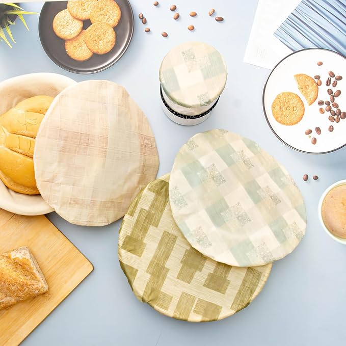 3Pack 10IN Beeswax Bowl Covers with a 4IN Sourdough Jar lid,Reusable Bowl Covers for Bread Proofing,100% Organic Cotton,Elastic Shower Caps for Sourdough Bread,Dough Proofing & Food Storage