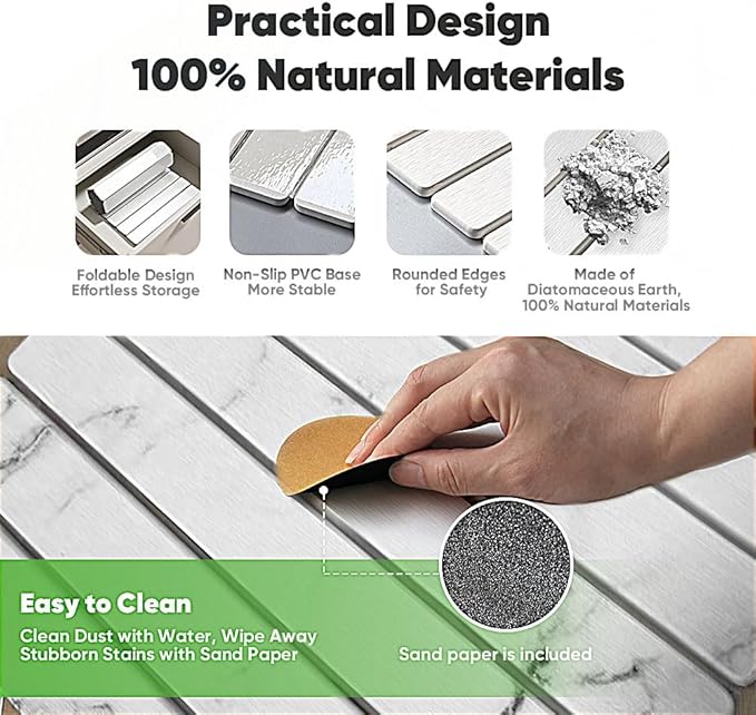 Stone Drying Mat for Kitchen Counter, Quick Diatomaceous Earth Mats for Dishes, 24"L x 16" W Super Absorbent Fast-Drying Collapsible Countertop Stone Mat (Marble White, 24" x 16")