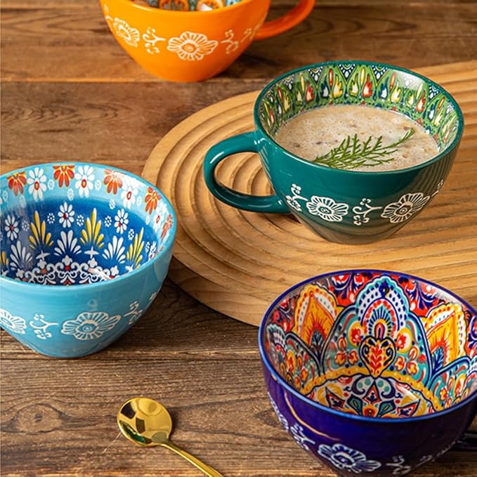 Bohemian Hand-Painted Ceramic Mug, 15 Oz Large Coffee Cup for Milk, Tea, and Breakfast, Dishwasher & Microwave Safe Artisan Cup, Navy Blue