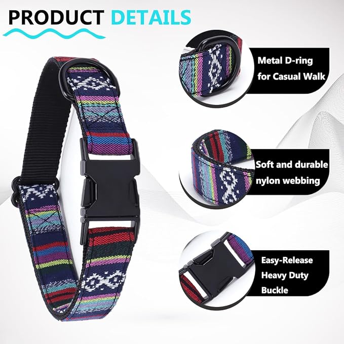 Dog Collar and Leash Set for Dogs Walking Bohemia Ethnic Style | Soft Durable Nylon Adjustable Collar with Metal Buckle 5ft Matching Leash with Padded Handle for Small Medium Large Dogs