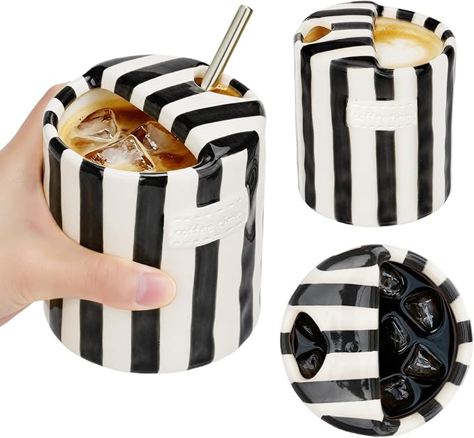 Ceramic Coffee Mug Novelty Ceramic Travel Mug Cute Espresso Cups To Go Anthropologie Latte Cups Aesthetic Grey Pottery Mugs With Sip Hole 10oz Clay Striped Vintage Handmade Coffee Cup for Home