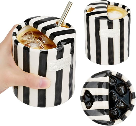 Ceramic Coffee Mug Novelty Ceramic Travel Mug Cute Espresso Cups To Go Anthropologie Latte Cups Aesthetic Grey Pottery Mugs With Sip Hole 10oz Clay Striped Vintage Handmade Coffee Cup for Home