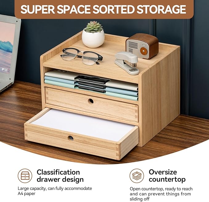 KIRIGEN Desktop Organizer Cabinet with 2 Drawers and Tray, Wood Office Desk Storage Shelf, 3-Tier Countertop Organizer for Papers, Supplies, Cosmetics, Kitchen Accessories Natural（DT3D2C-NA）