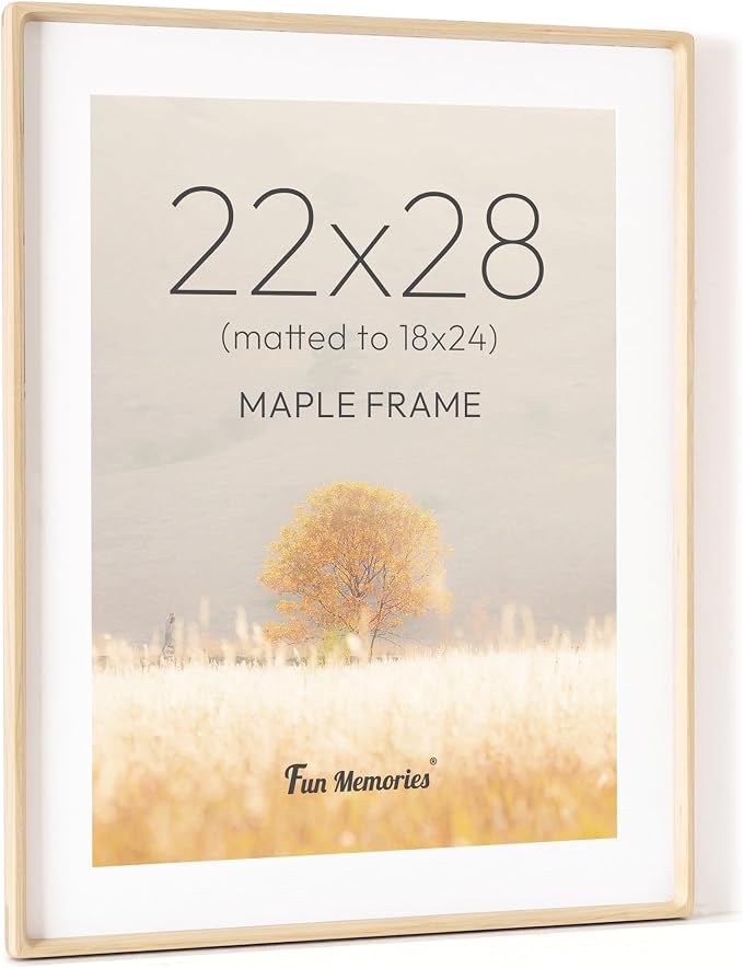 22x28 Poster Frame, USA-Sourced Maple Wood Picture Frame with HD Tempered Glass, Handcrafted Rounded Corner 22 x 28 Wooden Frames Matted to 18x24 Photos, Horizontal or Vertical Wall Display