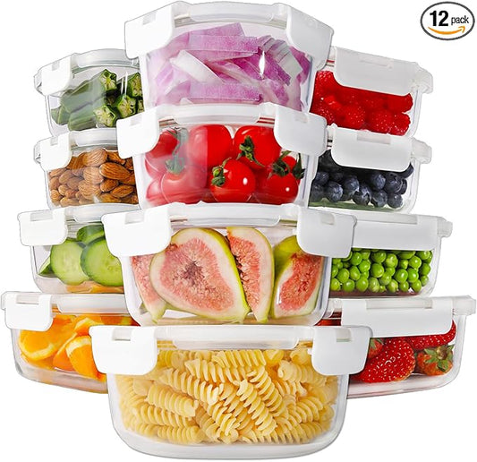 HOMBERKING 24pc Borosilicate Glass Food Storage Containers with Lids, Glass Meal Prep Containers with Leak Proof Snap Lock, Airtight Bento Lunch Boxes, Kitchen Storage (12 lids & 12 Containers)-White