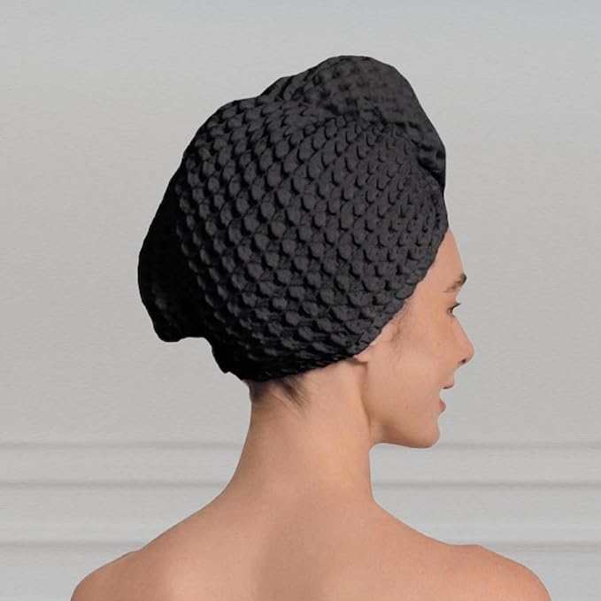Luxury Organic Japanese Cotton Hair Drying Waffle Towel Wrap for Women | Absorbent, Quick-Dry Head Turban for Shower, Sauna, Spa | Extra Large for Long, Curly, Straight Hair With Button (Black, 1 Pc)