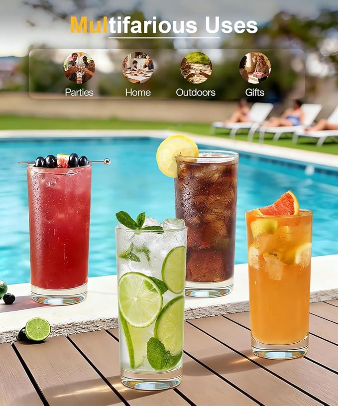 Drinking Glasses Set of 4, 16oz Wide Mouth Water Glass Cups, Lead-Free Crystal Glassware Set, Tall Cocktail Tumblers for Mojito, Tom Collins, Highball Glasses
