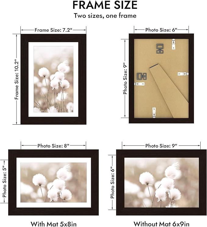 Hongkee 6x9 Oak Wood Picture Frame, Display Photos 5 x 8 with Mat or 6 x 9 without Mat - Tempered Glass Cover, Horizontal and Vertical Display for Wall or Tabletop (Black, Set of 1)