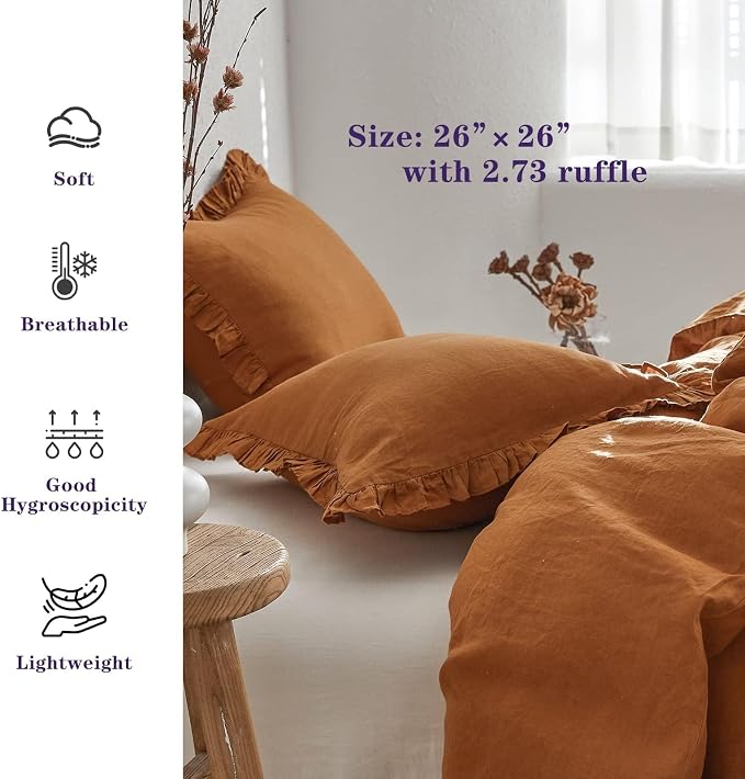 Simple&Opulence 100% Linen Euro Sham Covers with Ruffle, 26x26 Inch Pillow Covers Set of 2, Euro Pillow Shams for Bed Couch French Home Decor Luxury and Breathable Square Pillow Cases, Rust