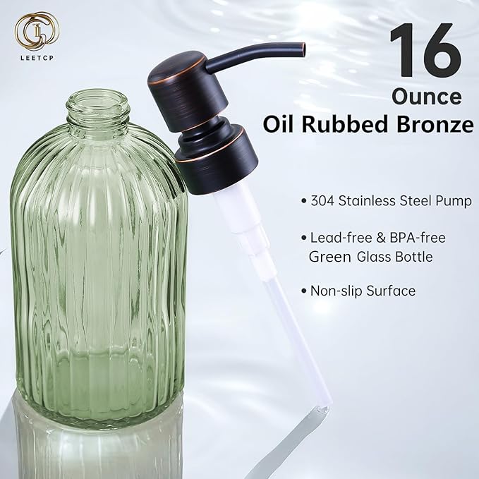 16Oz Green Glass Soap Dispenser with Rust Proof Bronze Stainless Steel Pump, Green Countertop Refillable Liquid Lotion Dispensers with Stainless Steel Pump, Oil Rubbed Bronze Soap Dispenser