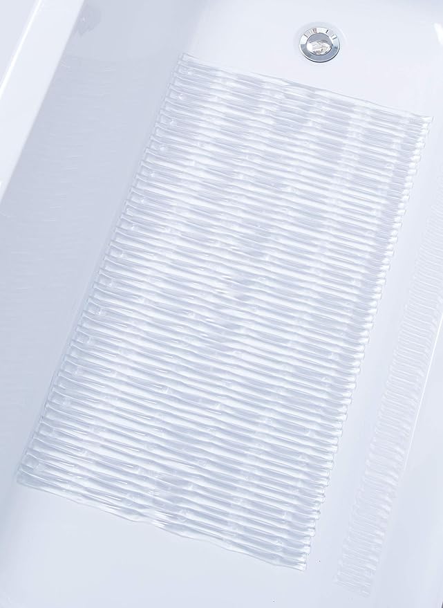 Bamboo Non-Slip Bath Tub Mat - Non-Toxic - Safe, Clean, Machine-Washable, Superior Grip & Drainage - Non-Slip Bath Mat - Vinyl - for Smooth/Non-Textured Tubs Only - Clear