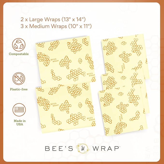 Bee's Wrap Beeswax Wraps for Food - Assorted 5 Pack of Beeswax Wraps - 2 Large & 3 Medium Wrap - Plastic Free Made in USA Reusable Natural Food Wrap - Honeycomb Print