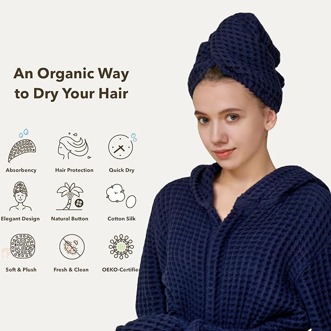 Luxury Organic Japanese Cotton Hair Drying Waffle Towel Wrap for Women | Absorbent, Quick-Dry Head Turban for Shower, Sauna, Spa | Extra Large for Long, Curly, Straight Hair With Button (Blue, 1 Pc)