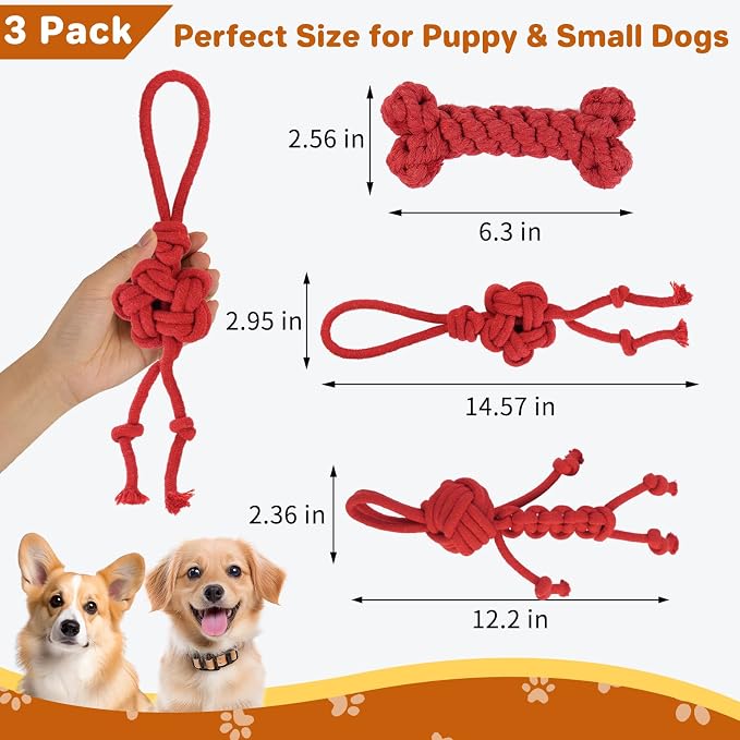 3 Pack Cotton Rope Dog Toy Set, Indestructible Chew Toys for Aggressive Chewers, Puppy Teething Toys with Bone, Human & Chinese Knot Designs for Boredom Relief & Tug of War， Red