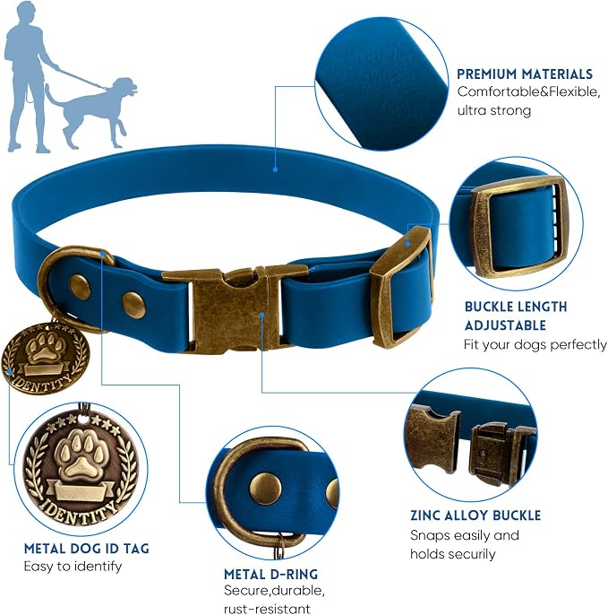 Wisedog Waterproof Dog Collar and Leash Set, Large, Blue | Adjustable Puppy Collar, Cute Tag, 5FT Leash, Includes Poop Bag, For Small Medium Large Dogs