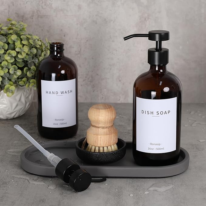 Ronasip Set of 5 Kitchen Soap Dispenser Set 16 Oz Glass Hand Dish Soap Dispenser with Stainless Steel Pump, Cement Tray, Dish Scrub Brush for Farmhouse Rustic Home Bathroom Decor (Brown)