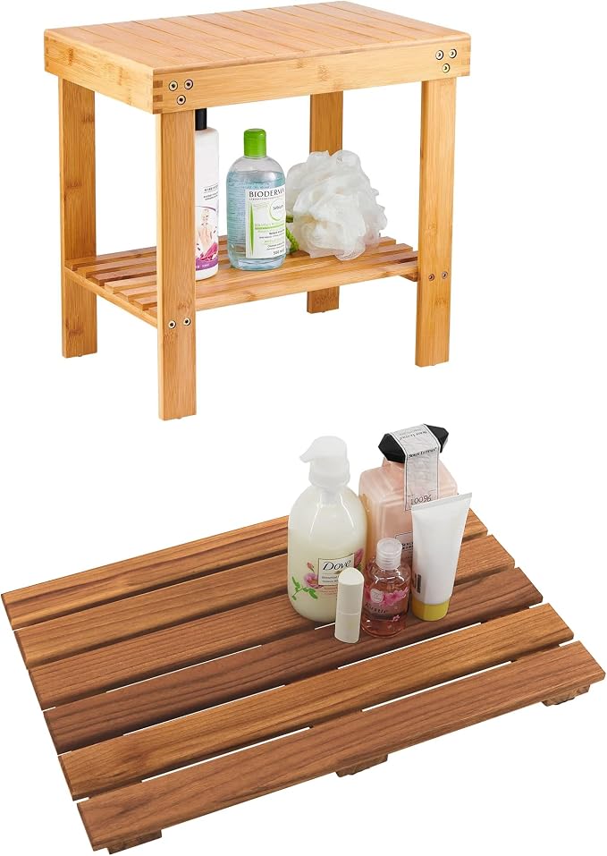 VaeFae Bamboo Shower Bench and Teak Shower Mat Bundle