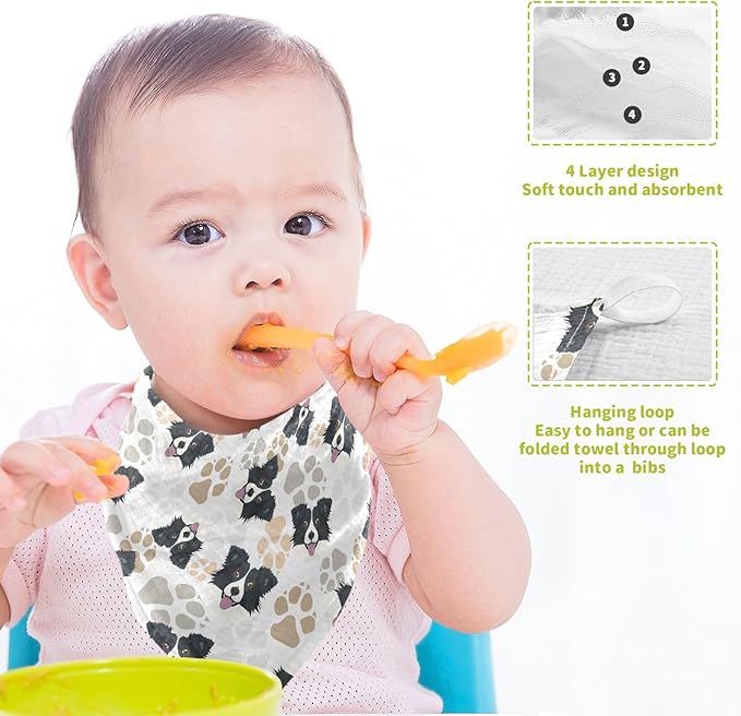 Baby Border Collie Dog Muslin Washcloths 3 Pack - Muslin Burp Cloths Hanky Large 11.8"X11.8" Extra Soft Absorbent Baby Burp Rags for Newborn 100% Cotton for Boys Girls Gift