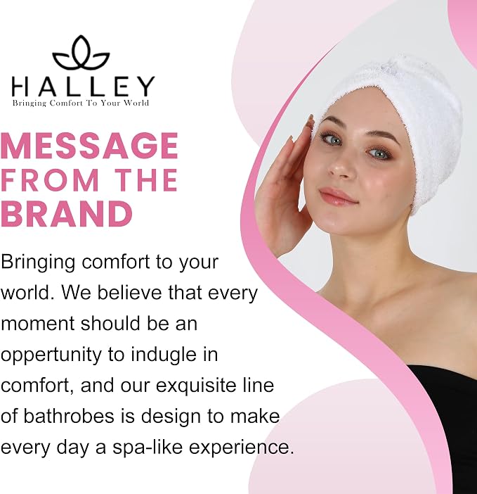 HALLEY Cotton Hair Towel Wrap (3 Packs) Super Absorbent Fast Drying Hair Towel for Thick Hair Turbans for Wet Hair with Button (White)