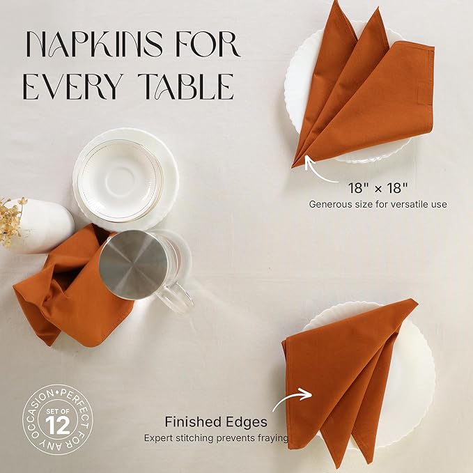 Cloth Napkins Set of 12, 100% Cotton Fabric Reusable Dinner Napkins, 18 x 18 Inch Washable Table & Kitchen Napkins for Everyday Dining, Entertaining, Home & Restaurant Use, Rust