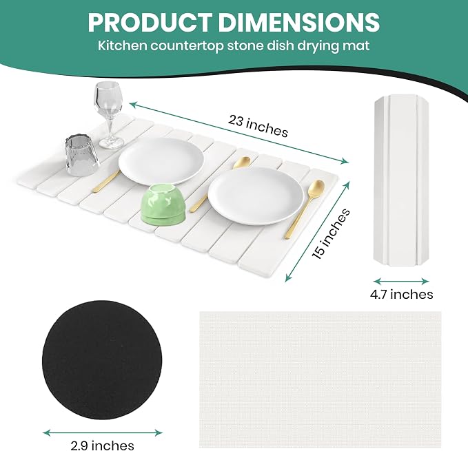 Stone Dish Drying Mat for Kitchen Counter - 23x15 Large Quick Dry Stone Mat Kitchen, Absorbent Diatomaceous Earth Kitchen Drying Mats for Countertops, Fast Drying Stone Sink Mat for Dishes and Cups