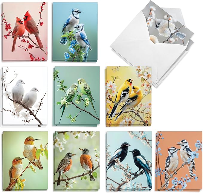 The Best Card Company 20 Assorted Blank Notecards Box Set 4 x 5.12 Inch with Envelopes (10 Designs, 2 Each) Blooming Songbirds AM10702OCB-B2x10