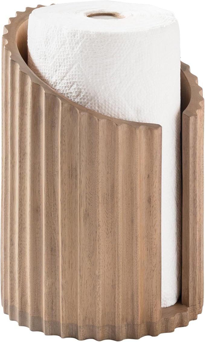 Anji Mountain Wooden Paper Towel Holder with Iron Holder, Holder Stand for Kitchen Roll Organizer & Kitchen Dining Table Home Décor, Countertop Fits Jumbo & Mega Rolls - Biscotti/Nickel, Fluted