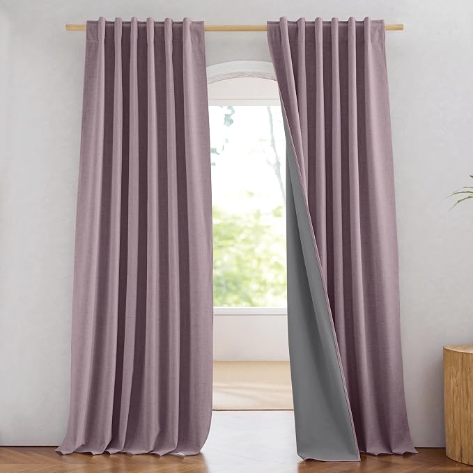 NICETOWN Chaise Mauve Vintage Linen 100% Blackout Curtains for Living Room, Thermal Insulated Curtains 84" Long, 52" Wide Per Panel, Set of 2, Noise Reducing Window Treatment Drapes for Hall Room