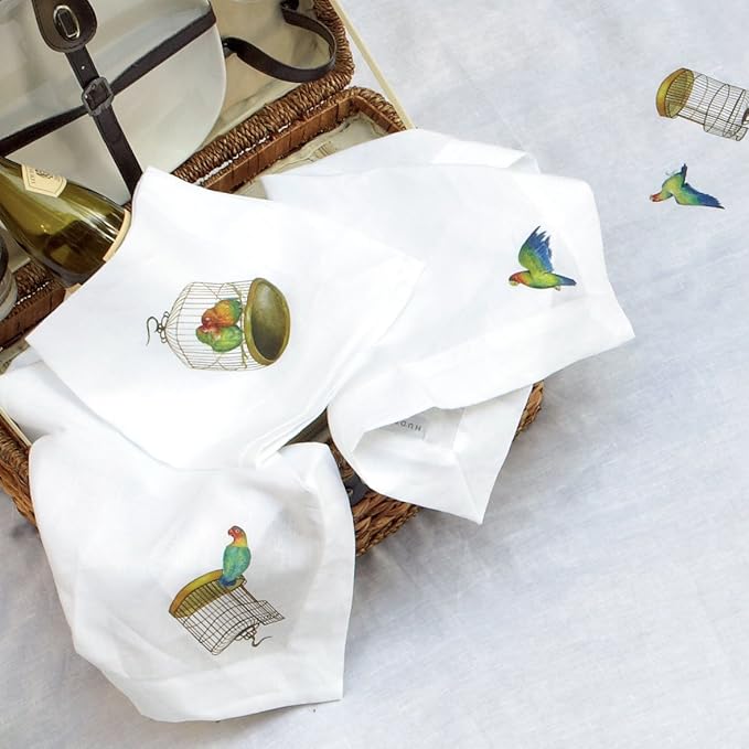 Huddleson Lovebirds Linen Napkin (Set of Eight) Sewn in US