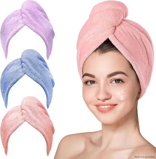 3 Pack Microfiber Hair Towel Wrap for Women, Fast Drying Hair Turban with Button, Anti-Frizz Large Hair Towel for All Hair Styles, Soft & Absorbent Hair Drying Towel(Bule,Purple,Orange)