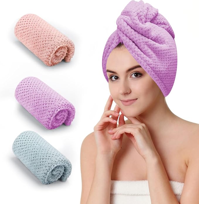 CZZXI 3 PCS Microfiber Hair Towel, Hair Wraps for Women Wet Hair, Fast Drying Hair Turban, Anti Frizz Head Towels Wrap for Curly Hair (Purple, Pink, Blue) | Fast Drying Hair Turban, Anti Frizz Head Towels Wrap for Curly Hair (Purple, Pink, Blue)