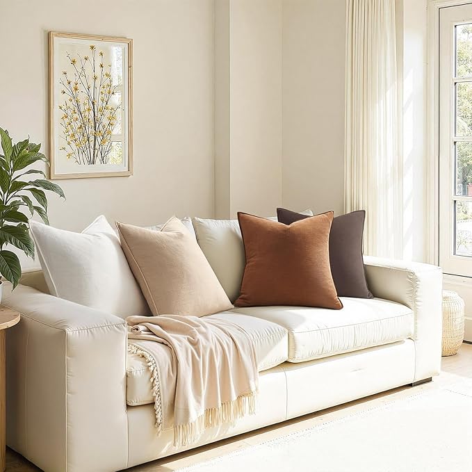 Brown Pillow Covers Pack of 4 Decorative Solid Fall Linen Throw Pillow Covers Soft Accent Boho Farmhouse Couch Pillowcases Modern Home Decor for Living Room Bed Sofa 18x18 Inch
