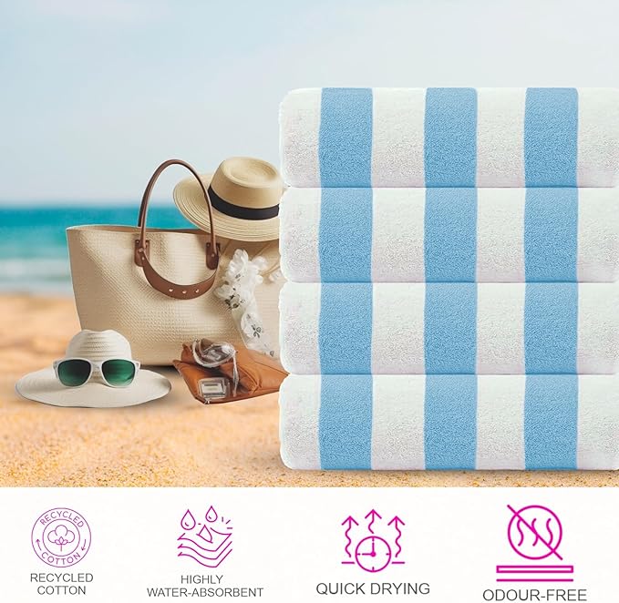 CASA COPENHAGEN Cabana Beach Towel Designed in Denmark Rough and Tough, Quick Dry, Beach, Pool, Bath & Shower 30x60 inches 4 Pieces Cotton Beach Bath Towels Set - Sky Blue