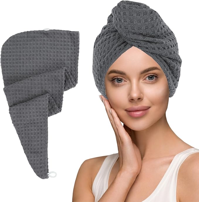 MaopaoBeauty Hair Towel Terry Cloth Absorbent Dry Anti Frizz Twist Plopping Curly Shower for Women Wet Hair 1Pack Grey Waffle Long Hair Head Wraps Quick Dry Hair Drying Towels Button