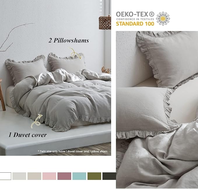 Simple&Opulence 100% Linen Duvet Cover Set, 3 PCS Natural French Flax Light Grey Ruffle Duvet Cover Queen Size, Breathable Comfy Linen Bedding Comforter Cover with 2 Pillowcases(Light Grey, 88" X 92")