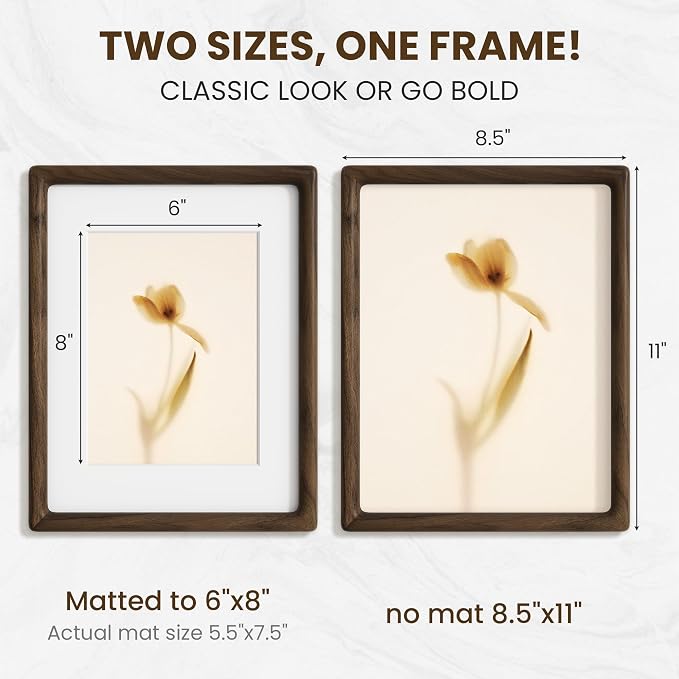 8.5x11 Picture Frame, USA-Sourced Walnut Wood Picture Frame, 8.5x11 Certificate Frame with High Tempered Glass, 8.5 by 11 Diploma Frame Matted to 6x8 Photo for Wall & Tabletop Display, 1 Pack