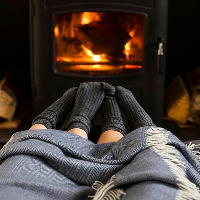 Biddy Murphy Irish Merino and Cashmere Wool Throw Blanket, Made in Ireland, Heirloom Quality, 54" x 71", Denim and Cream Herringbone Pattern