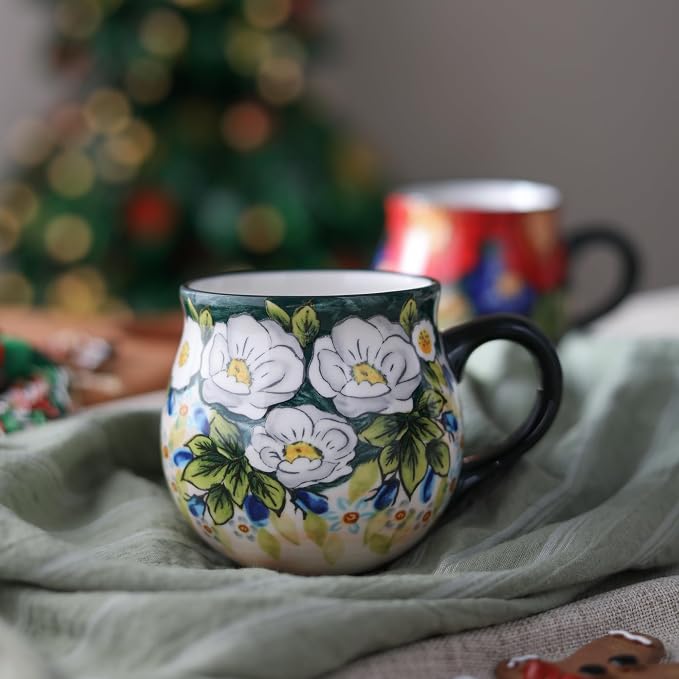 ALMA 12oz Handmade Floral Ceramic Coffee Mug | Microwave & Dishwasher Safe, Dining & Espresso Use, Travel Friendly, Vintage Rustic Lovers, Gift for Daughters