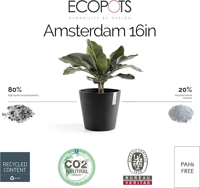 Ecopots Amsterdam Durable Modern Round Indoor/Outdoor Recycled-Based Composite Flower Pot Planter, Dark Grey, 16"