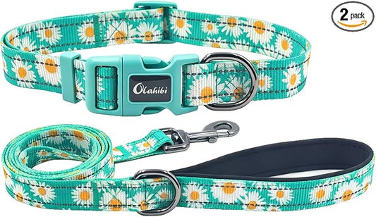 Dog Collar Leash Set, Floral Pattern, with Safety Reflective Strips, 5 ft Matching Leash, Neoprene Padded Handle, Adjustable 4 Sizes for Small Medium Large Dogs.(S, Green Daisy)
